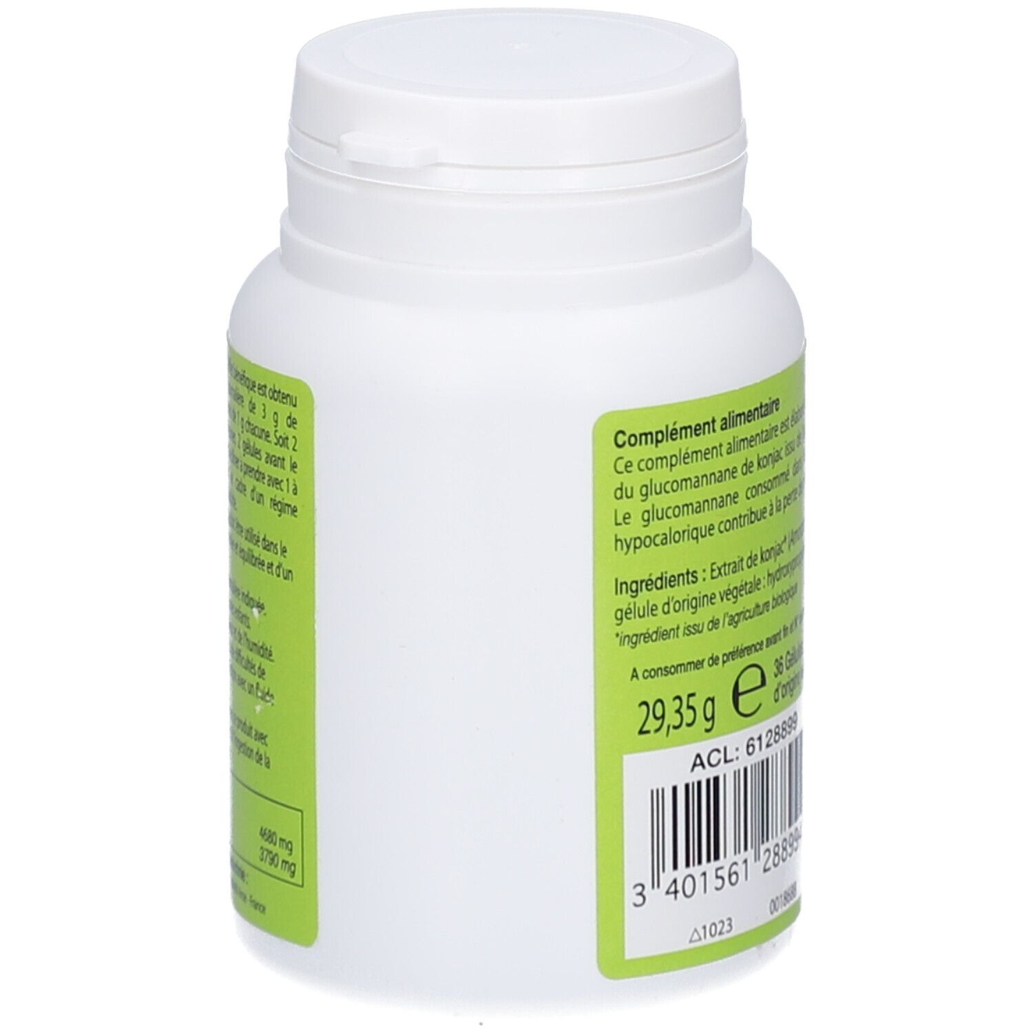 Flacon blanc, vue latérale. Texte: Ingrédients, 29,35g, code ACL, code-barres.