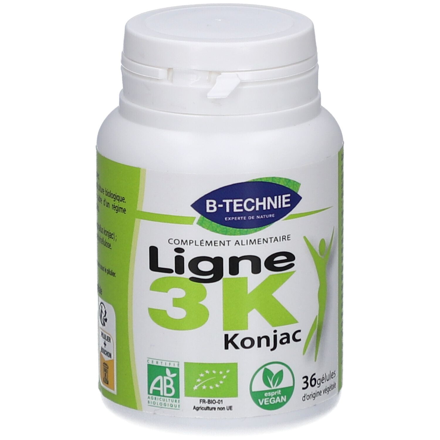 Flacon blanc de gélules. Inscription: Ligne 3K Konjac, 36 gélules. Logos: Vegan, AB.