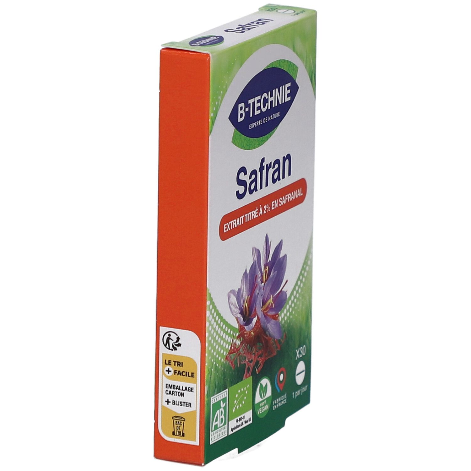 Vue latérale de la boîte "Safran". Logo "B-Technie". Texte "Safran". Certifications et symbole de recyclage. Bande orange.