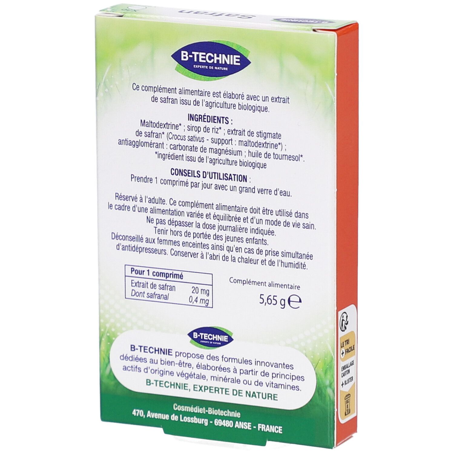 Dos de la boîte "Safran". Liste des ingrédients, posologie, avertissements. Logo "B-Technie". Texte en français.