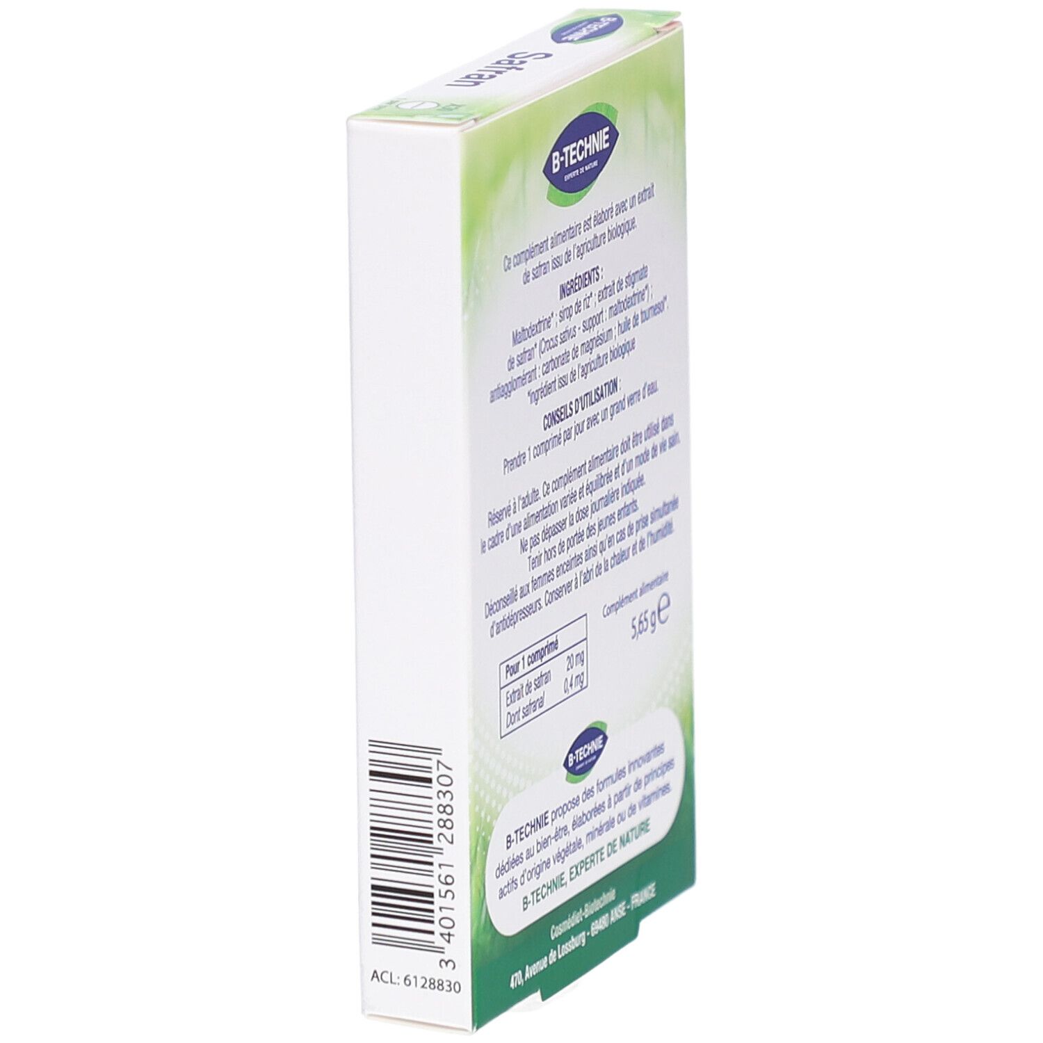 Vue latérale de la boîte "Safran". Logo "B-Technie". Texte en français. Liste des ingrédients et posologie.