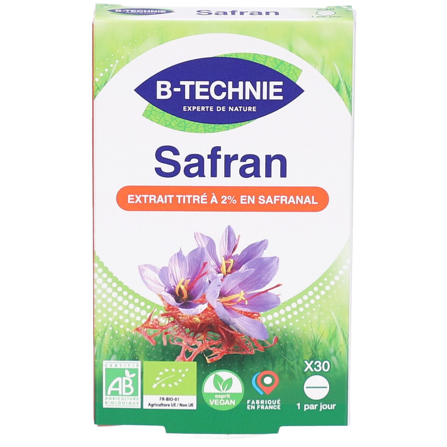 Vue de face de la boîte "Safran". Logo "B-Technie". Texte "Safran". Certifications AB, Vegan, Fabriqué en France. Fleurs de safran.