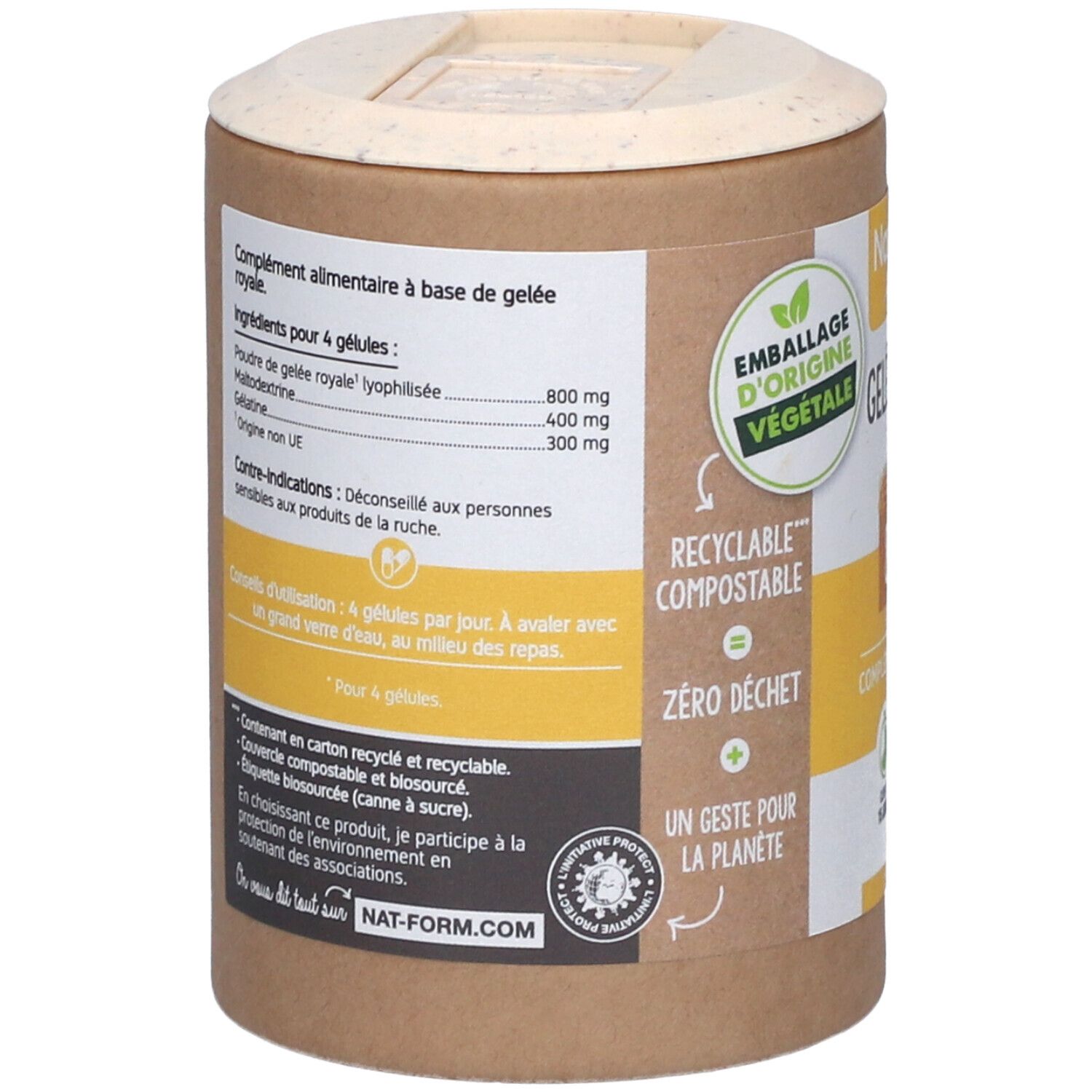 Rückseite der Dose. Zutatenliste für 4 Kapseln. Hinweise zur Anwendung und Warnhinweise. Verpackung recycelbar.
