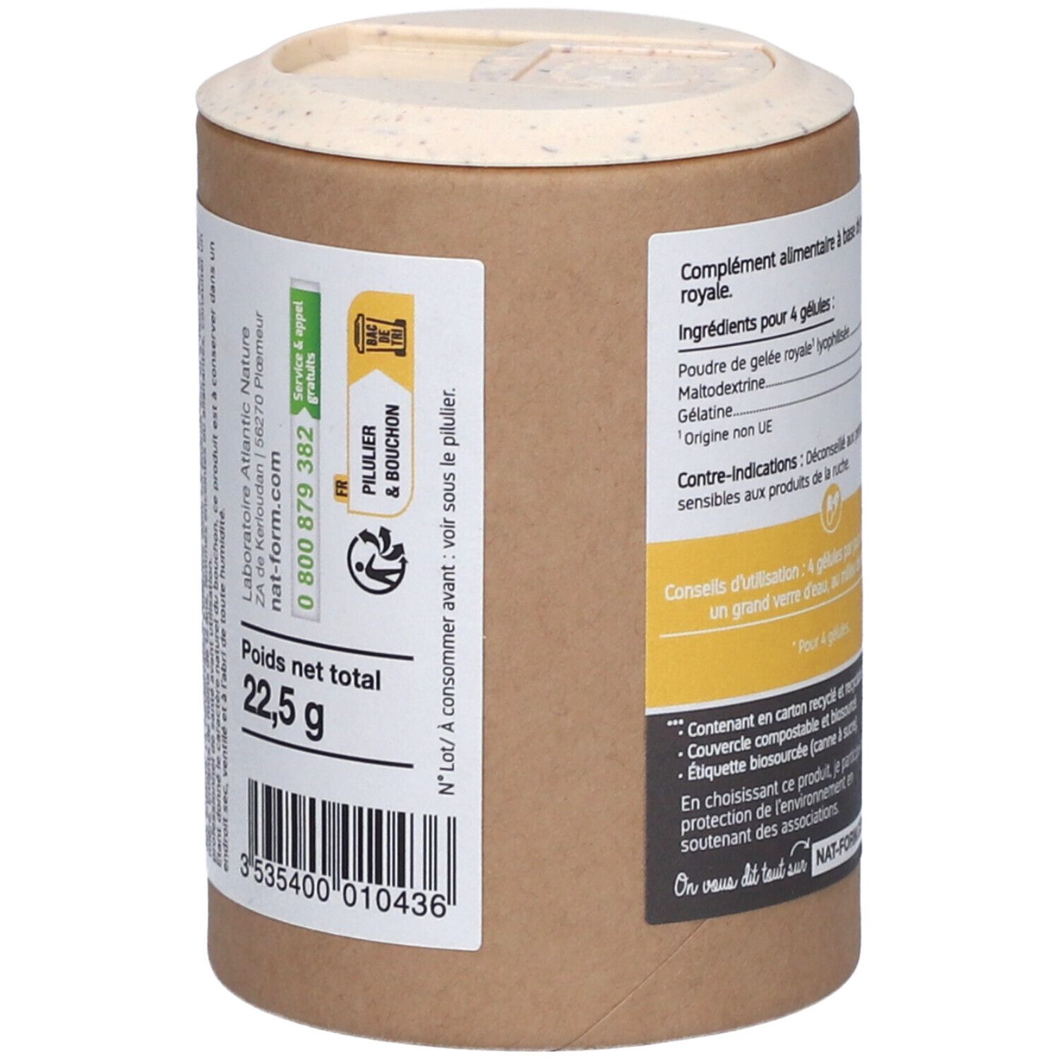 Dose mit Etikett. Nettogewicht 22,5 g. Barcode. Informationen zu Hersteller und Kundenservice.