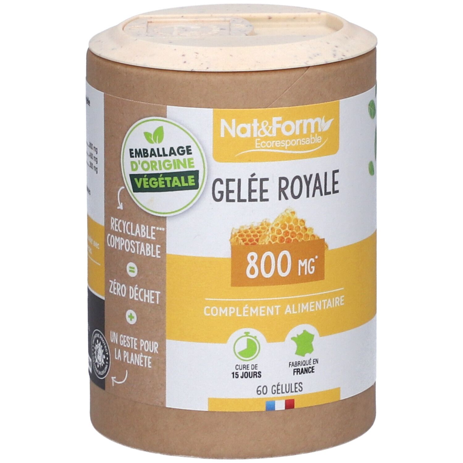 Zylindrische Dose mit Deckel. Aufschrift: Gelée Royale 800 mg, 60 Kapseln. Verpackung aus pflanzlichen Ursprungs.