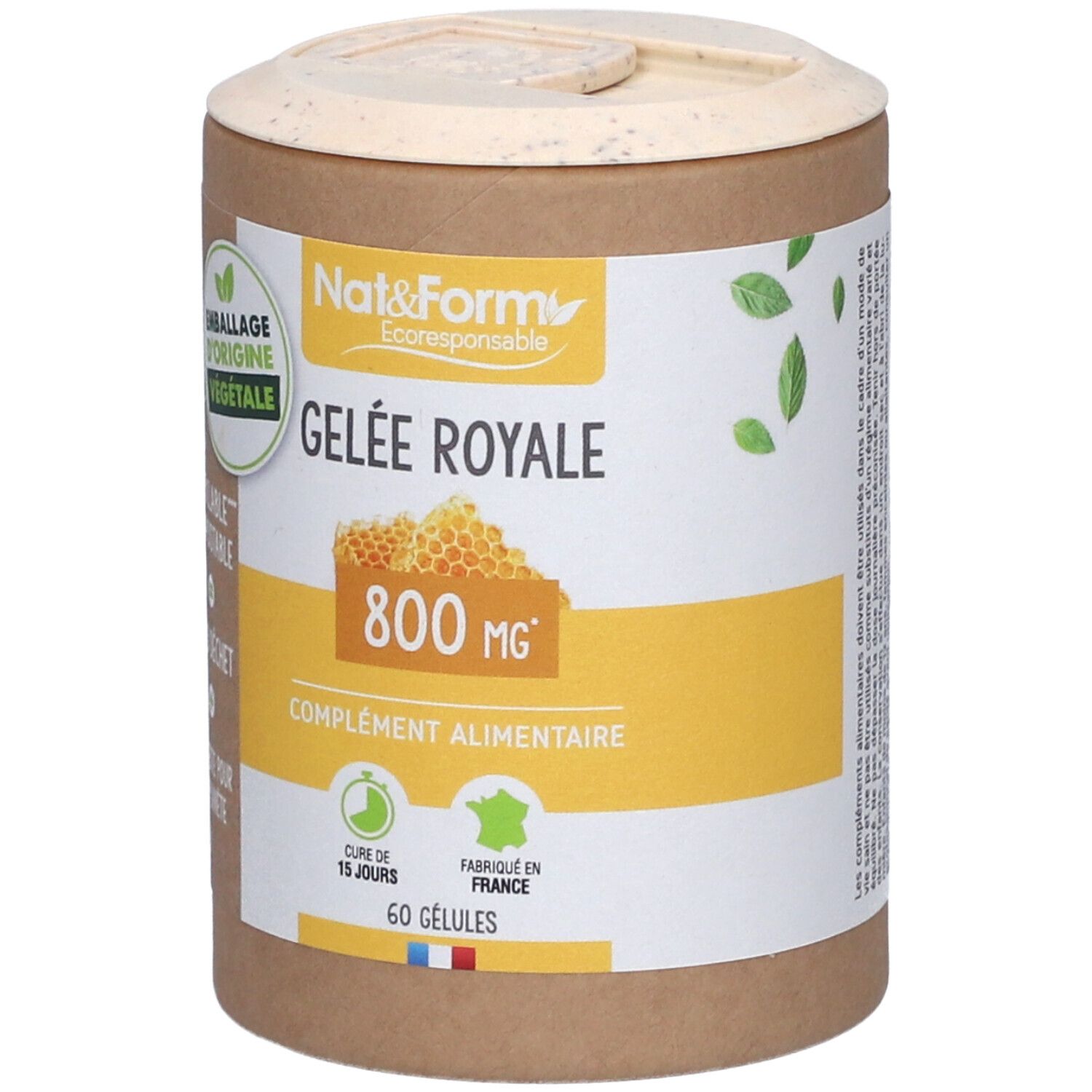 Zylindrische Dose mit Deckel. Aufschrift: Gelée Royale 800 mg, 60 Kapseln. Verpackung aus pflanzlichen Ursprungs.