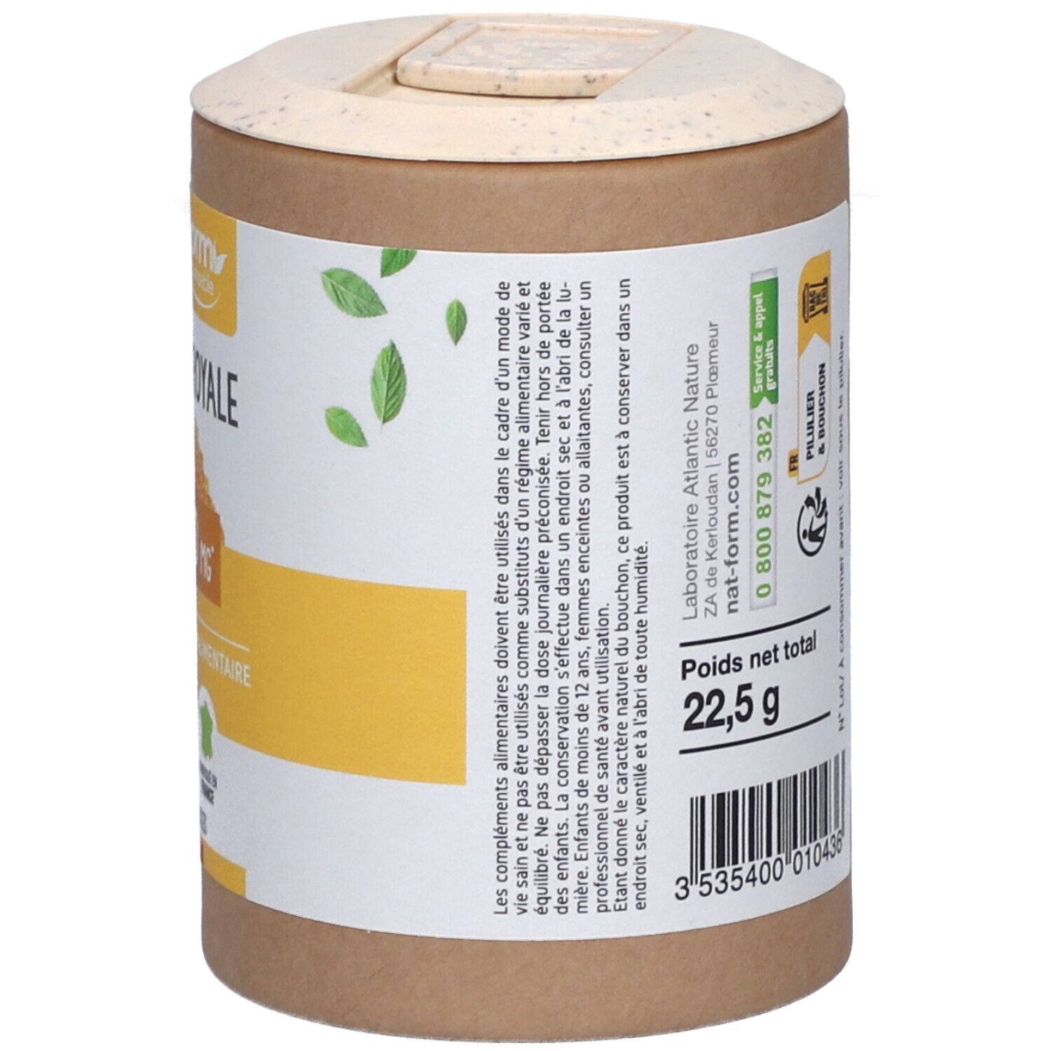 Dose mit Etikett. Nettogewicht 22,5 g. Barcode. Informationen zu Hersteller und Kundenservice.