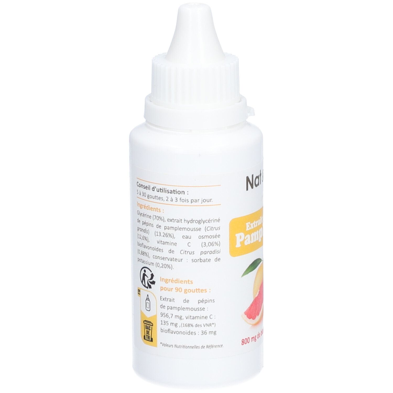 Flacon blanc avec bouchon compte-gouttes. Inscription: Nat & Form Original, Extrait de pépins de Pamplemousse. Liste des ingrédients et dosage.