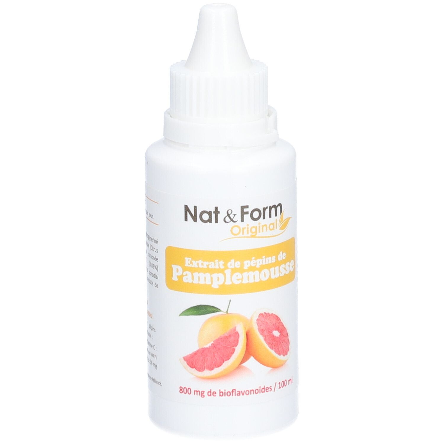 Flacon blanc avec bouchon compte-gouttes. Inscription: Nat & Form Original, Extrait de pépins de Pamplemousse. Image de pamplemousse.
