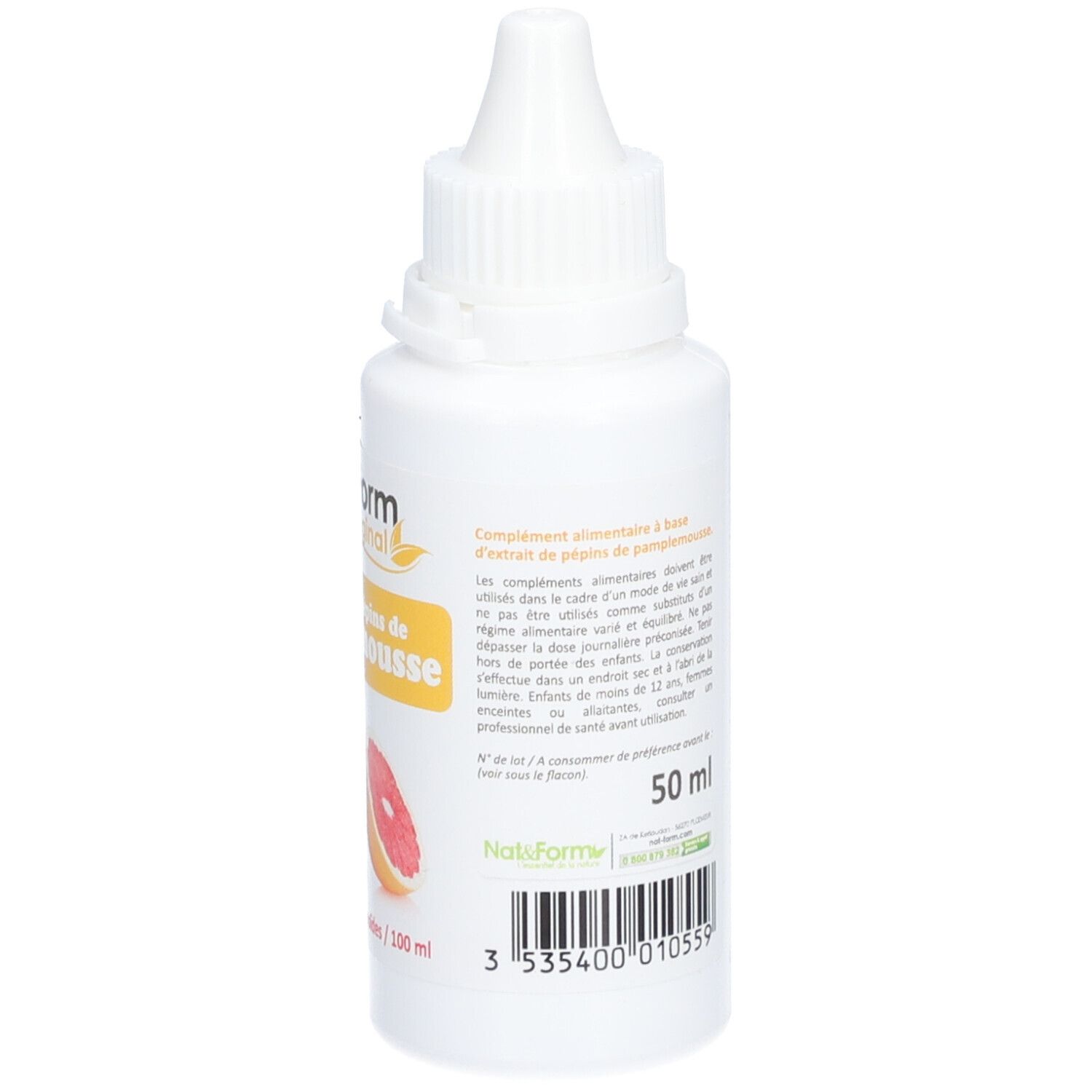 Flacon blanc avec bouchon compte-gouttes. Inscription: Nat & Form Original, Extrait de pépins de Pamplemousse. 50 ml.