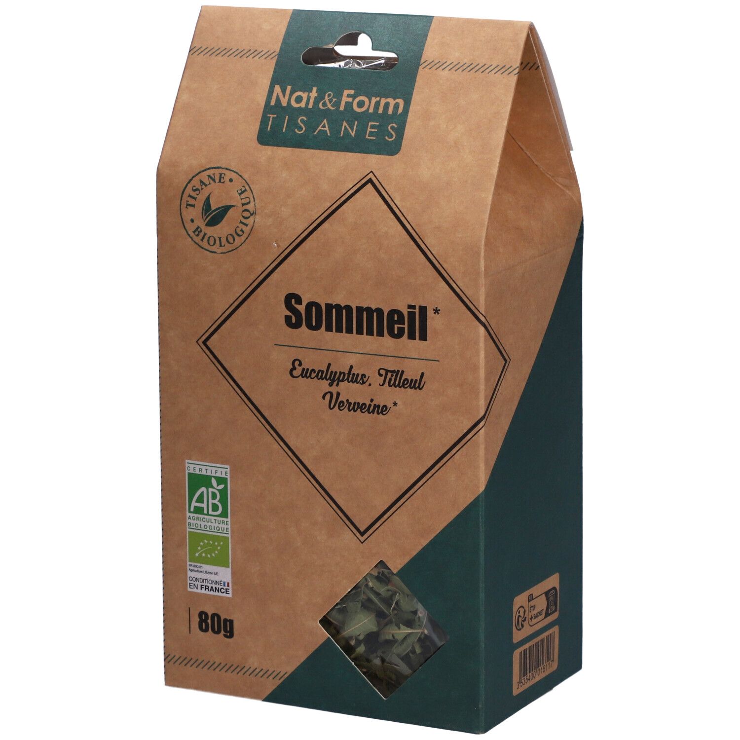Boîte en carton marron avec accent vert. Inscription : Sommeil, Eucalyptus, Tilleul, Verveine. Label bio et 80g.