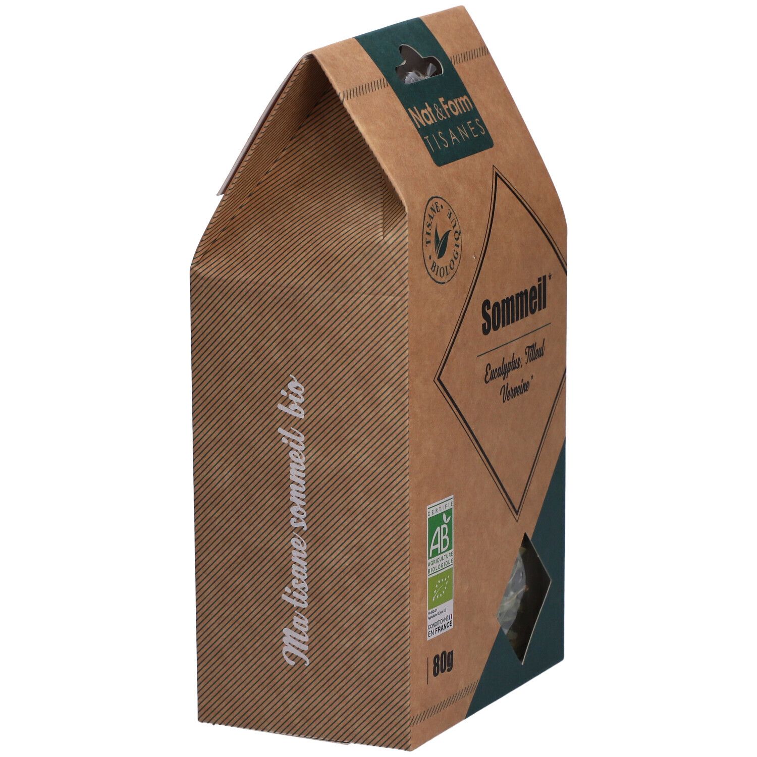 Vue latérale de l'emballage en carton. Inscription : Ma tisane sommeil bio. Fenêtre avec herbes. Marque et nom du produit.