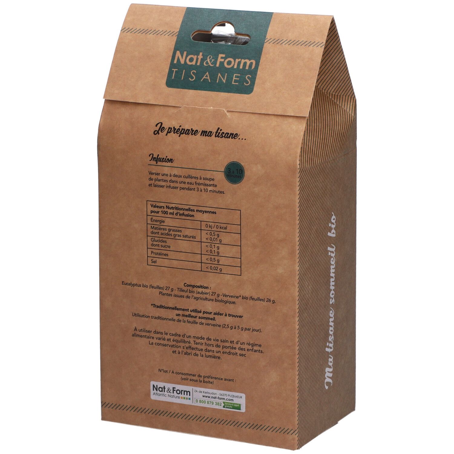 Dos de l'emballage en carton. Texte sur l'infusion et informations nutritionnelles. Marque et nom du produit. Label bio.