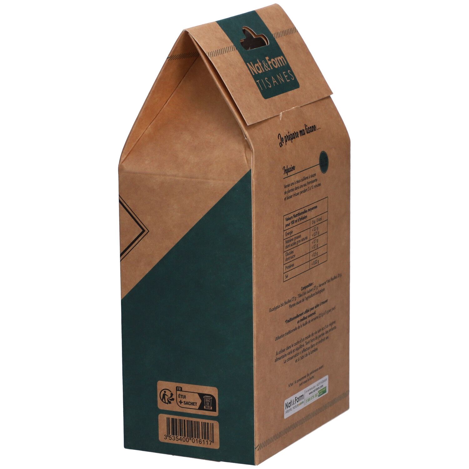 Vue latérale de l'emballage avec texte et informations nutritionnelles. Label bio et code-barres. Marque et nom.