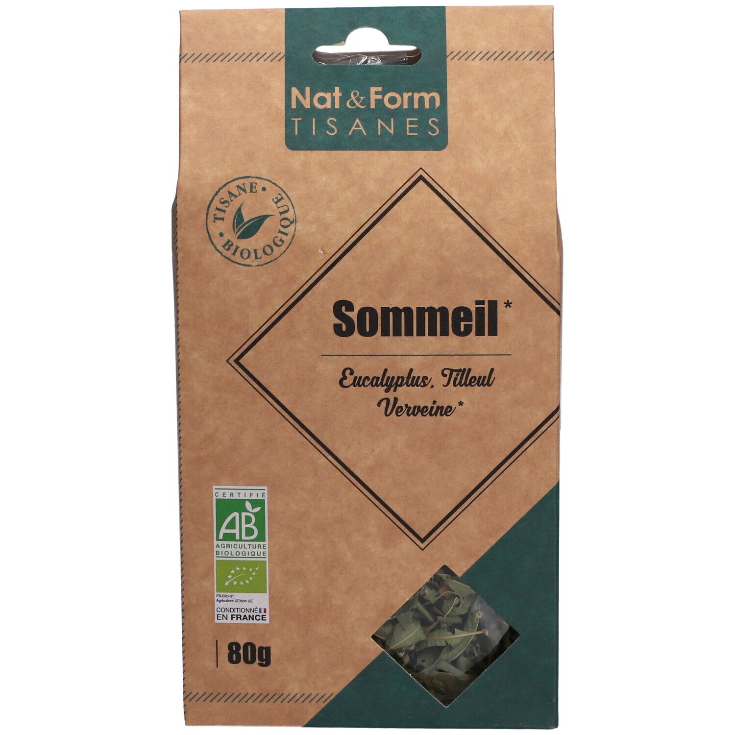 Vue de face de l'emballage en carton. Inscription : Sommeil, Eucalyptus, Tilleul, Verveine. Label bio et 80g.