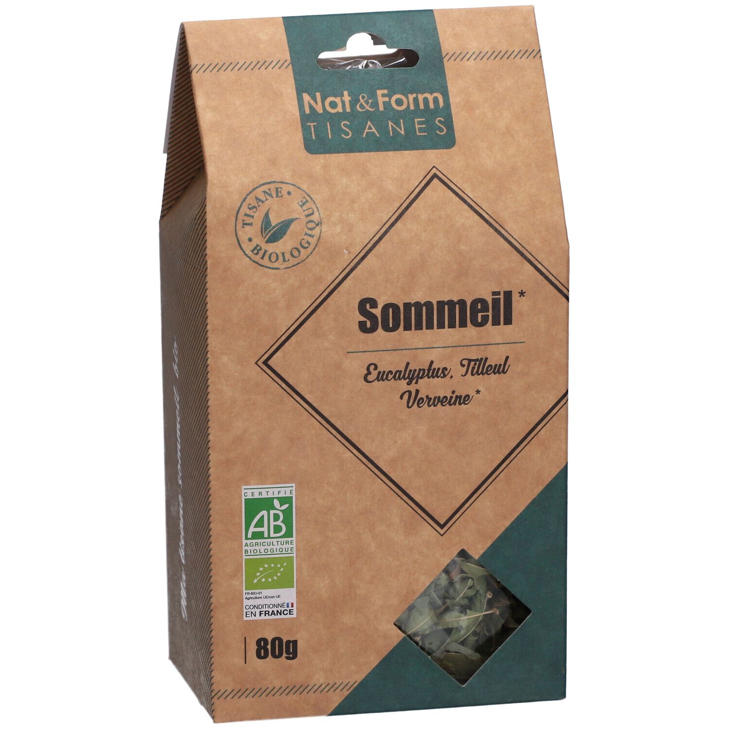 Vue en biais de l'emballage en carton. Inscription : Sommeil, Eucalyptus, Tilleul, Verveine. Label bio et 80g.