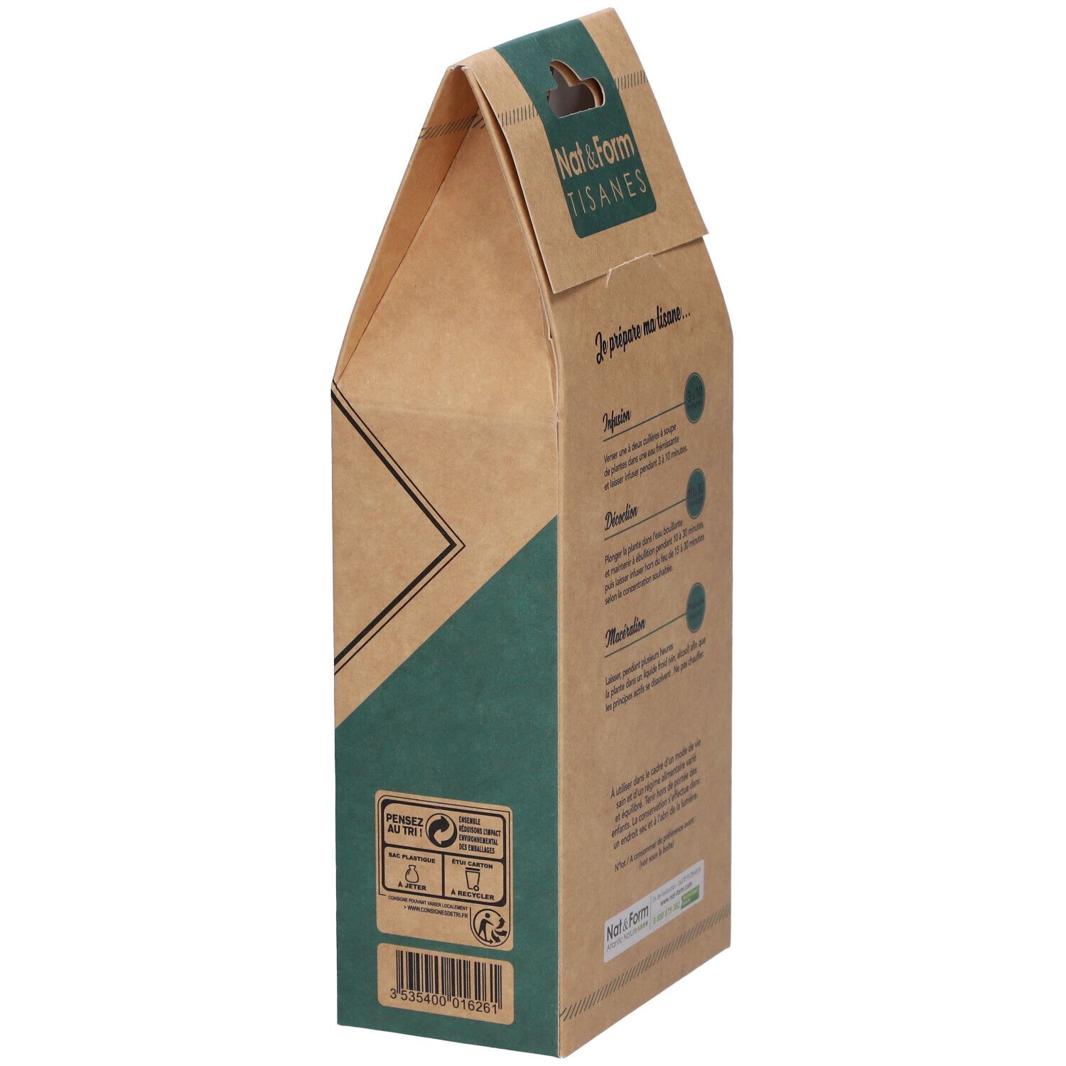 Emballage marron avec accent vert. Inscription: Je prépare ma tisane... Symboles de recyclage. Ma tisane d'oranger bio.