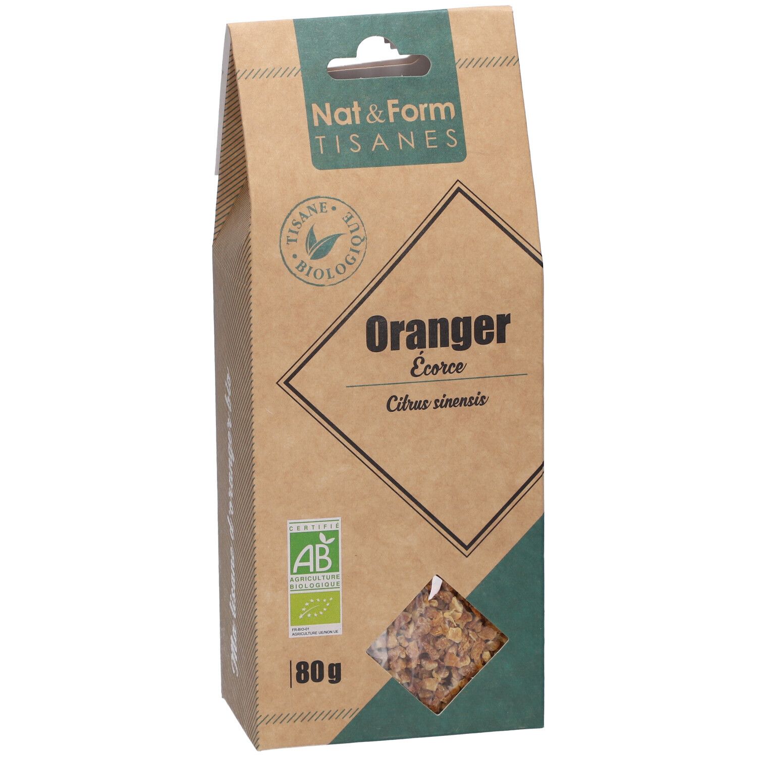 Emballage marron avec accent vert. Inscription: Oranger Ecorce, label AB bio, 80g. Produit visible à travers une fenêtre.