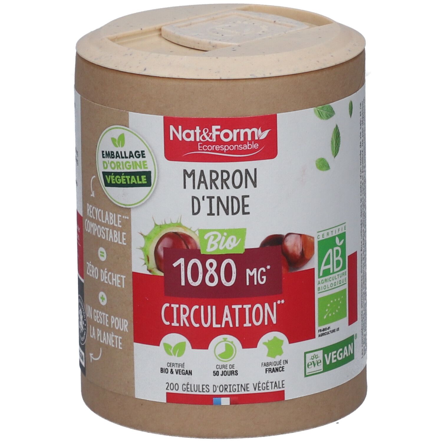 Zylinderdose mit "Marron d'Inde Bio"-Etikett. Enthält 200 Kapseln. Mit Bio-Siegel und Vegan-Logo.
