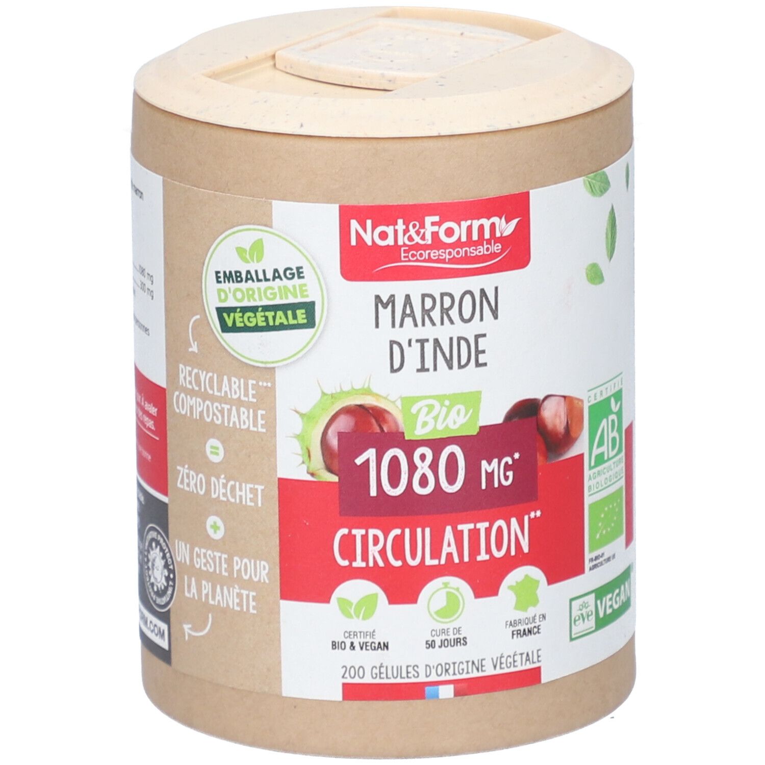 Zylinderdose "Marron d'Inde Bio" mit 200 Kapseln. Bio-Siegel und Vegan-Logo.