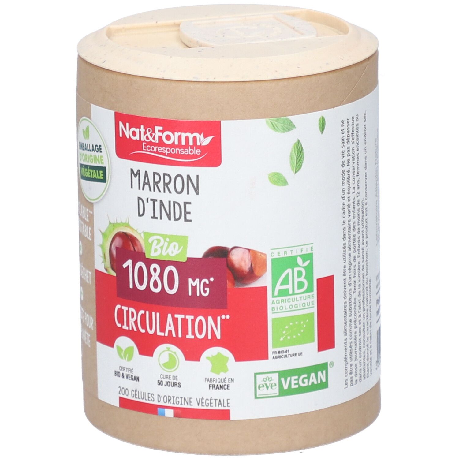 Zylinderdose "Marron d'Inde Bio" mit 200 Kapseln. Bio-Siegel und Vegan-Logo.