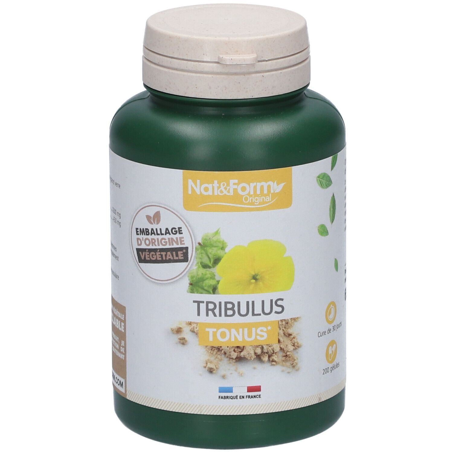 Grüne Flasche mit weißem Deckel. Aufschrift: Nat&Form, Tribulus Tonus. Abbildung einer gelben Blüte und Blätter.