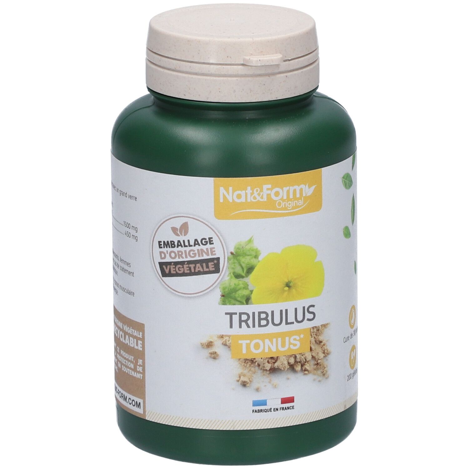Grüne Flasche mit weißem Deckel. Aufschrift: Nat&Form, Tribulus Tonus. Abbildung einer gelben Blüte und Blätter. Hergestellt in Frankreich.