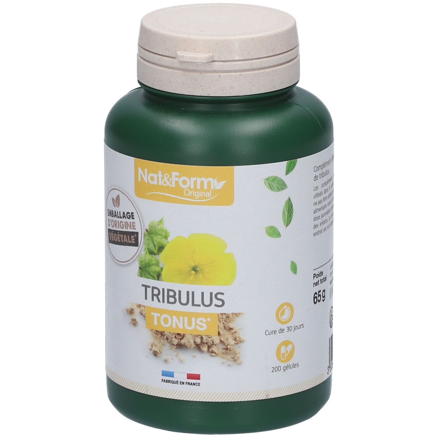Grüne Flasche mit weißem Deckel. Aufschrift: Nat&Form, Tribulus Tonus. 200 Kapseln. Nettogewicht 65g. Kur für 30 Tage.