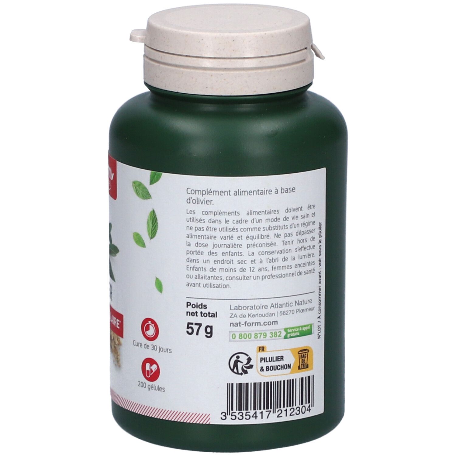 Dos du flacon vert. Texte: complément alimentaire, 200 gélules, 57g. Logo: Pilier & Bouchon.