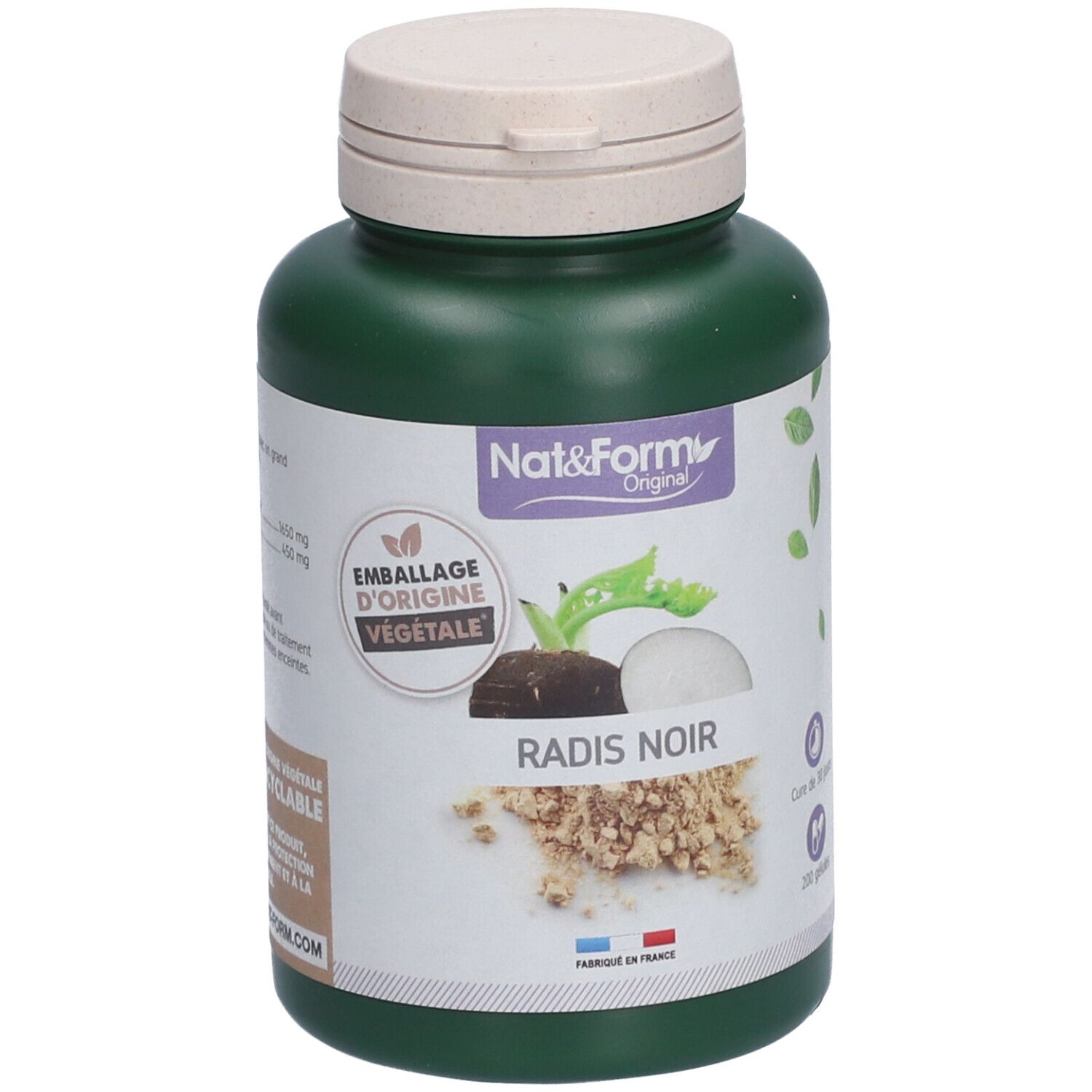 Grüne Flasche mit weißem Deckel. Aufschrift: Nat&Form RADIS NOIR. Abbildung von Radieschen. 200 Kapseln.