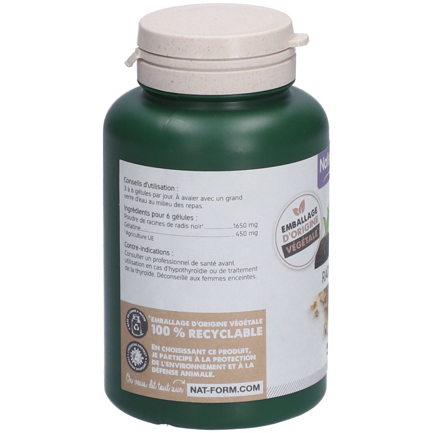 Rückseite der grünen Flasche. Text: Inhaltsstoffe, Gebrauchsanweisung, Warnhinweise. 100% recycelbar.