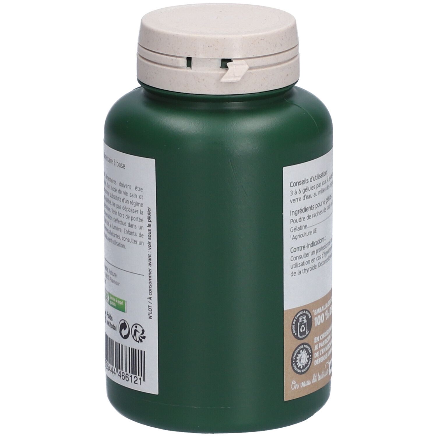 Grüne Flasche mit weißem Deckel. Aufschrift und Text. 100% recycelbar. Herstellerinformationen.