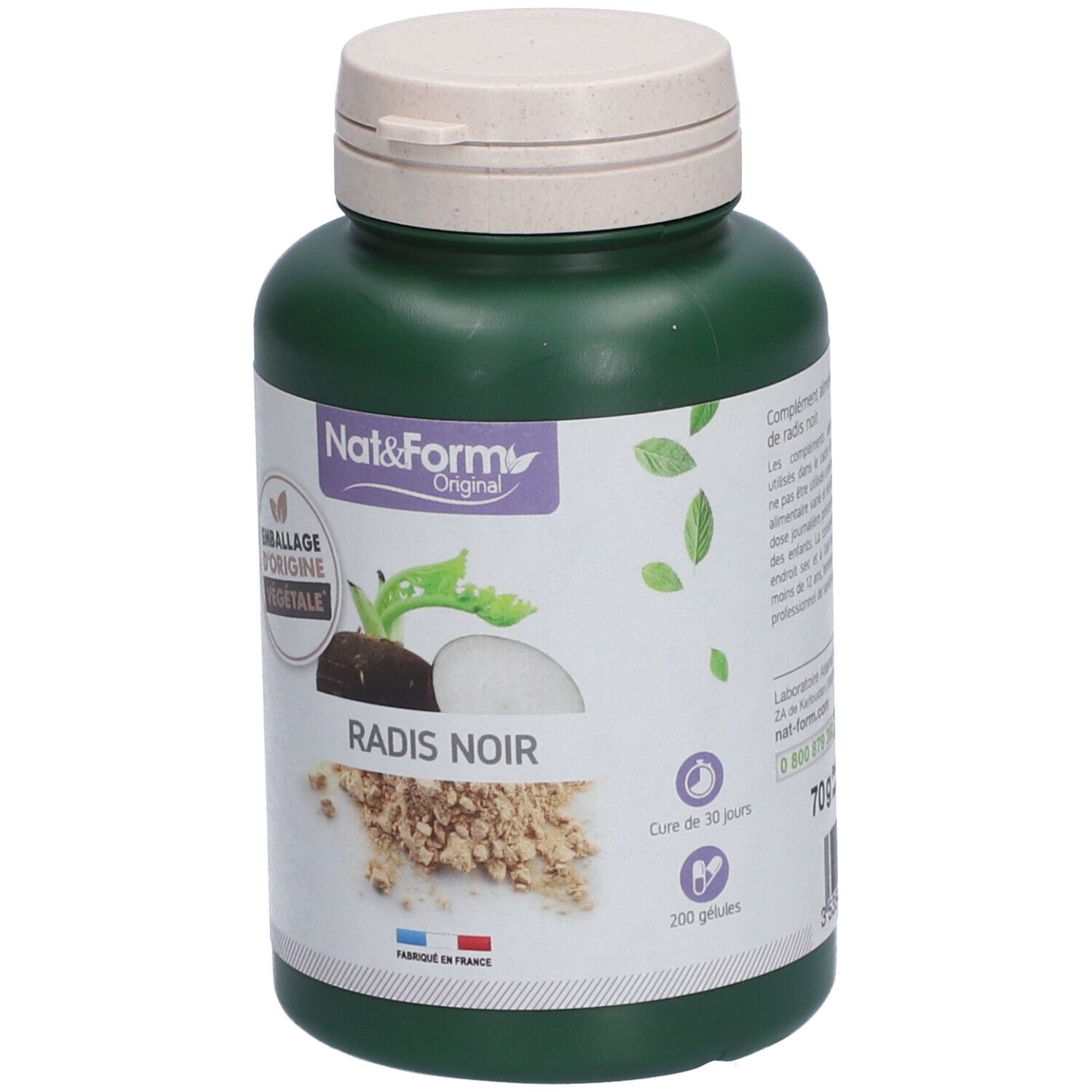 Grüne Flasche mit weißem Deckel. Aufschrift: Nat&Form RADIS NOIR. 200 Kapseln. Kur für 30 Tage.