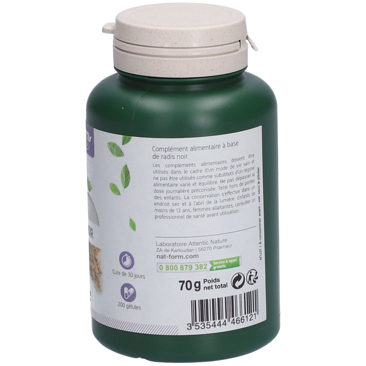 Rückseite der grünen Flasche. Text: Nahrungsergänzungsmittel. 70g. 200 Kapseln. Herstellerinformationen.