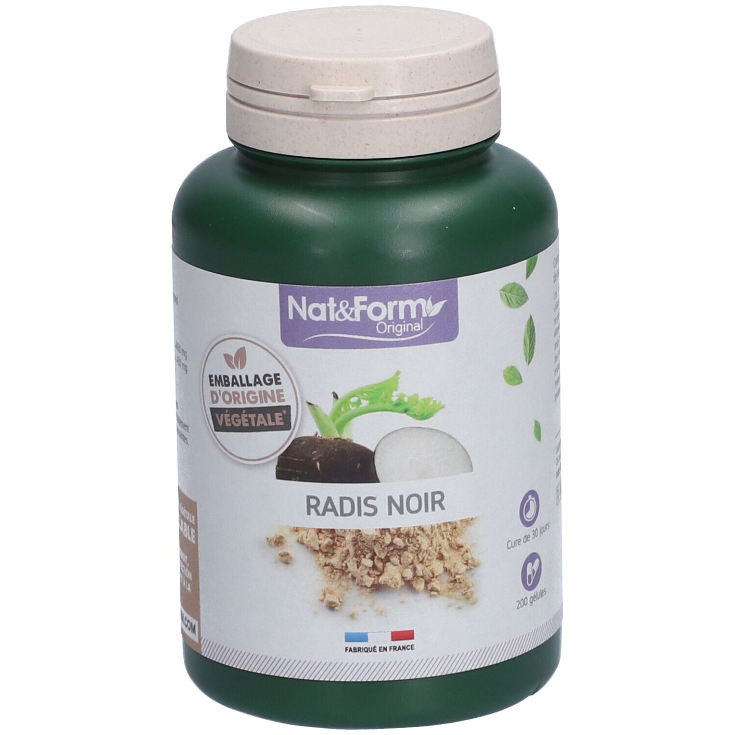 Grüne Flasche mit weißem Deckel. Aufschrift: Nat&Form RADIS NOIR. Abbildung von Radieschen. 200 Kapseln.