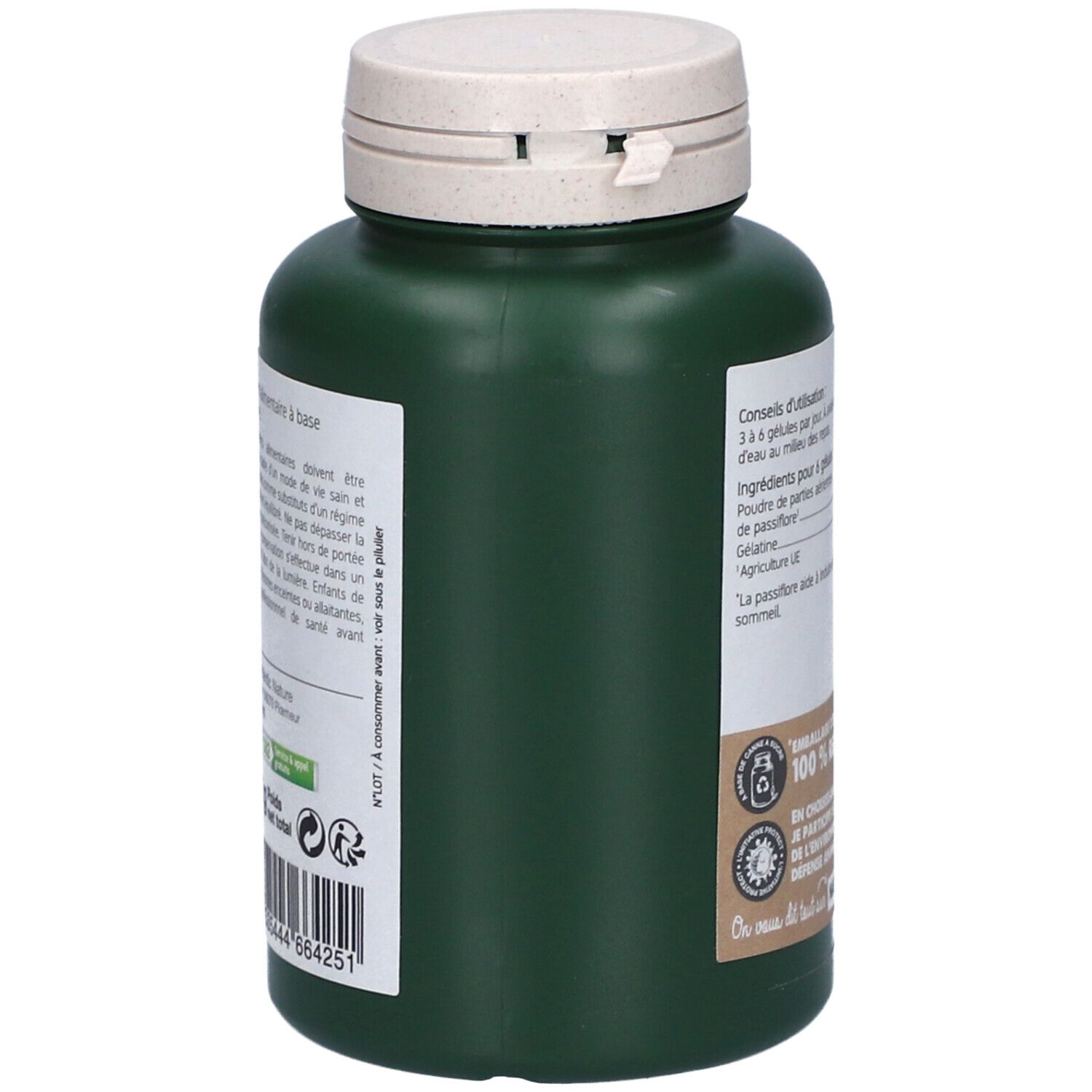 Grüne Flasche, Seitenansicht. Text: Gebrauchsanweisung, Inhaltsstoffe. Logo: 100% recycelbar.