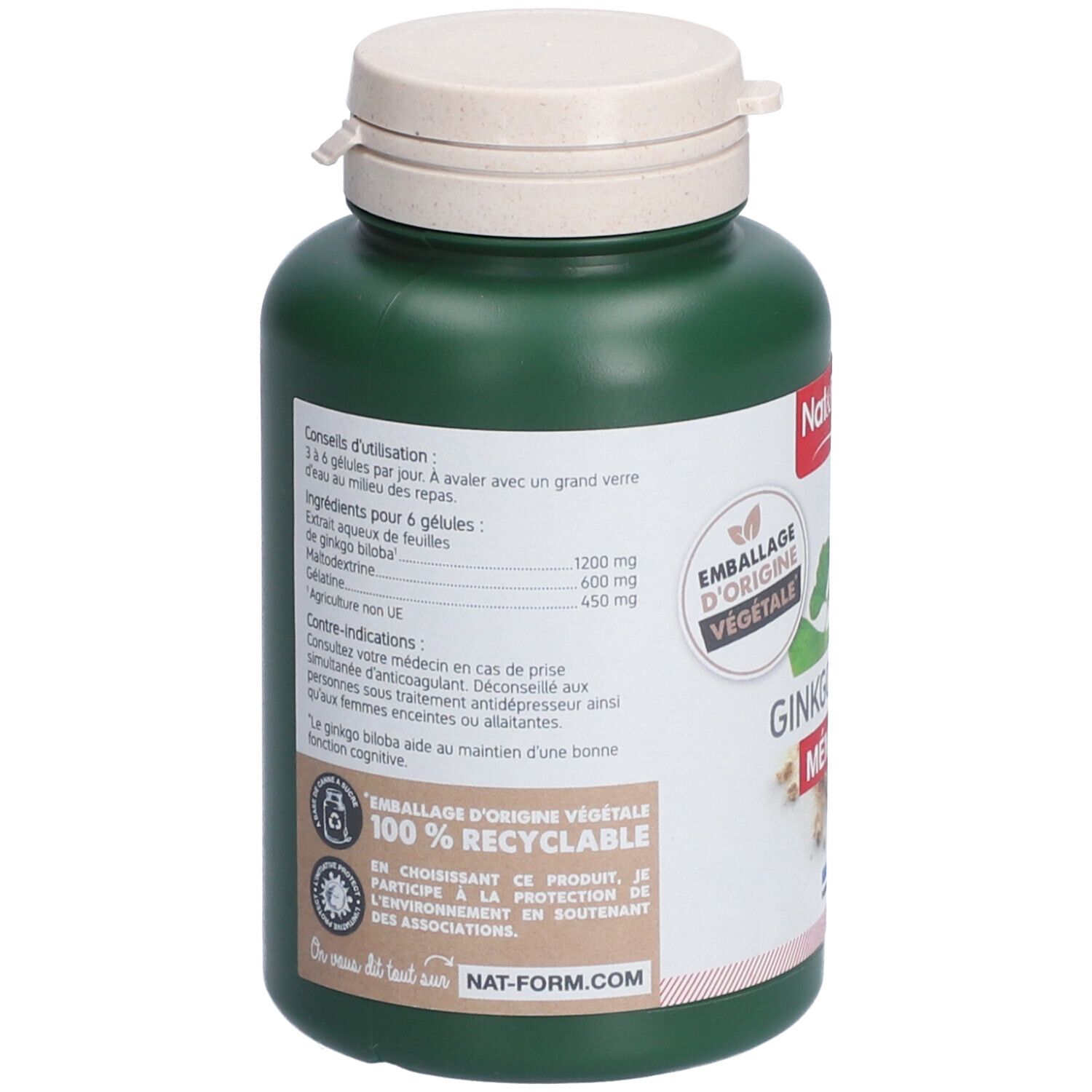 Dos du flacon vert avec couvercle blanc. Texte: ingrédients, dosage, avertissements. Logo: Emballage d'origine végétale.