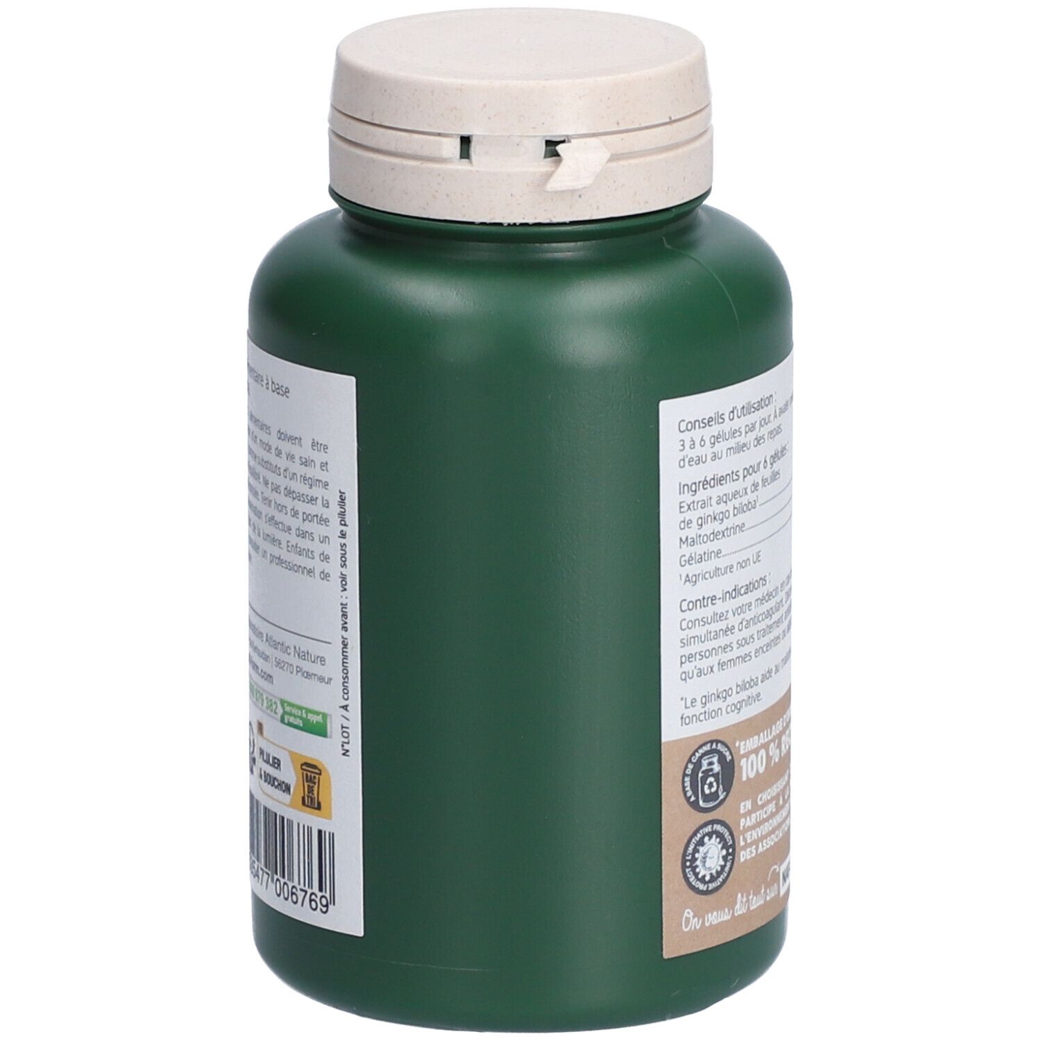 Flacon vert avec couvercle blanc. Texte: ingrédients, dosage, avertissements. Logo: Emballage d'origine végétale.