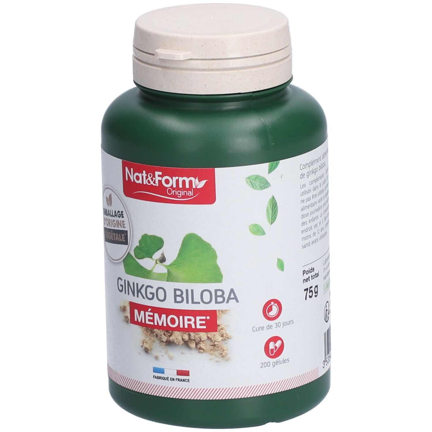 Flacon vert avec couvercle blanc. Inscription: Nat&Form, Ginkgo Biloba, Mémoire. 200 gélules, 75g.