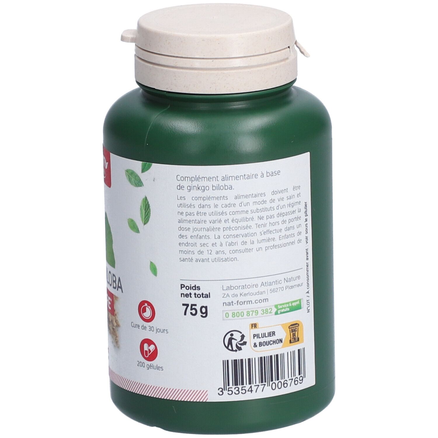 Dos du flacon vert avec couvercle blanc. Texte: conseils d'utilisation, poids net 75g, 200 gélules.