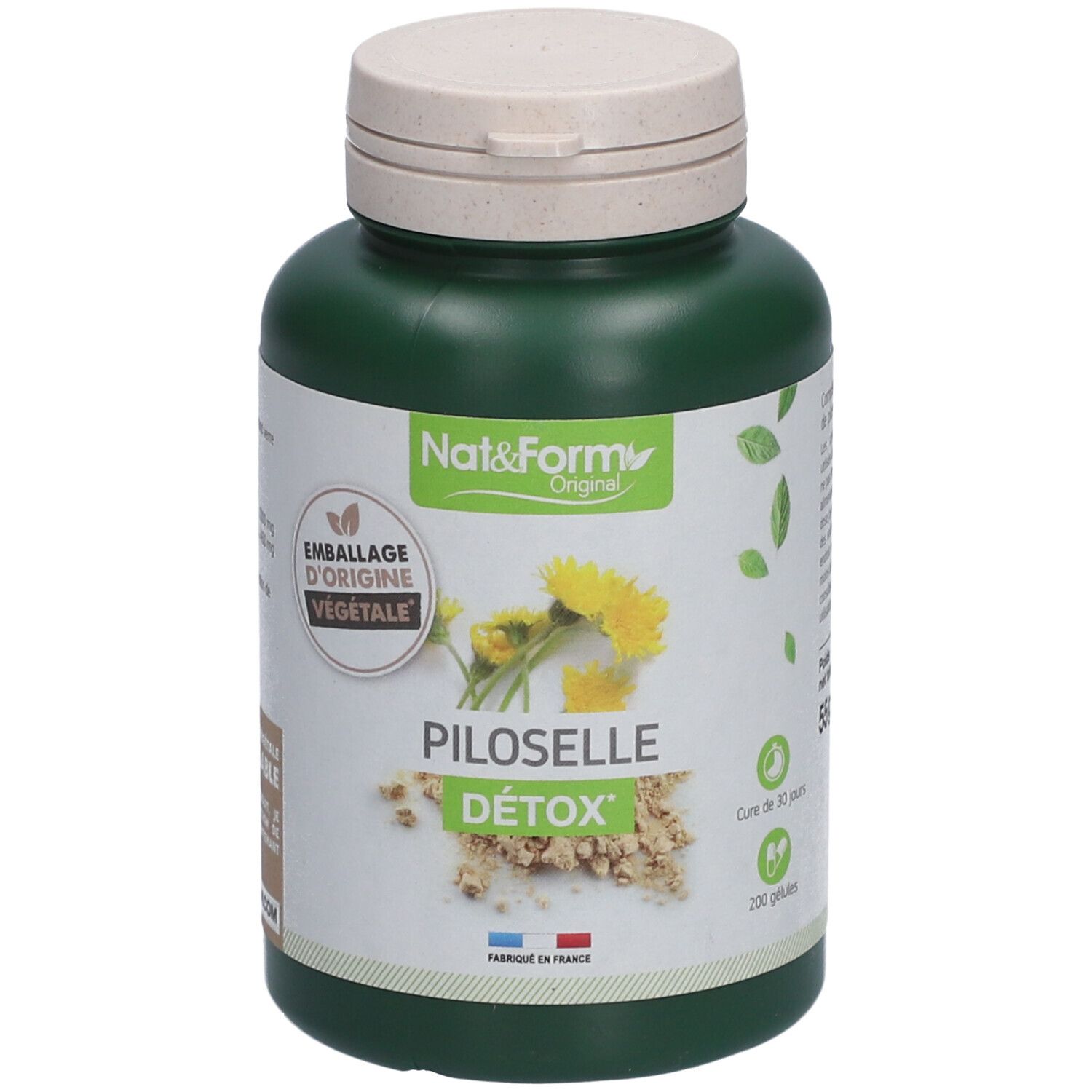 Flacon vert, bouchon beige. Étiquette: PILOSELLE DÉTOX. Logo: Emballage d'origine végétale. 200 gélules. Fabriqué en France.