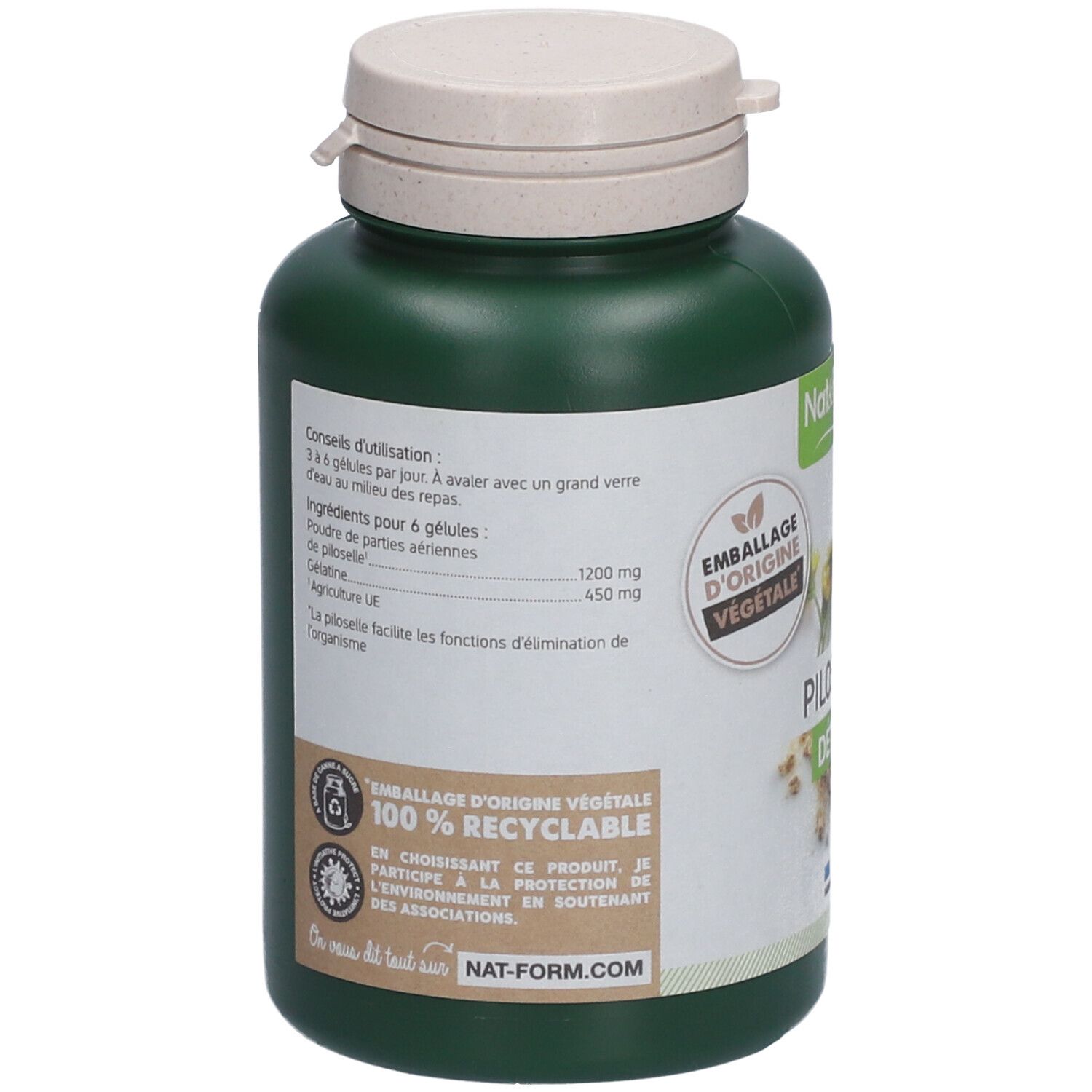 Dos du flacon vert. Ingrédients pour 6 gélules. Logo: Emballage d'origine végétale. 100% recyclable. Nat-form.com.