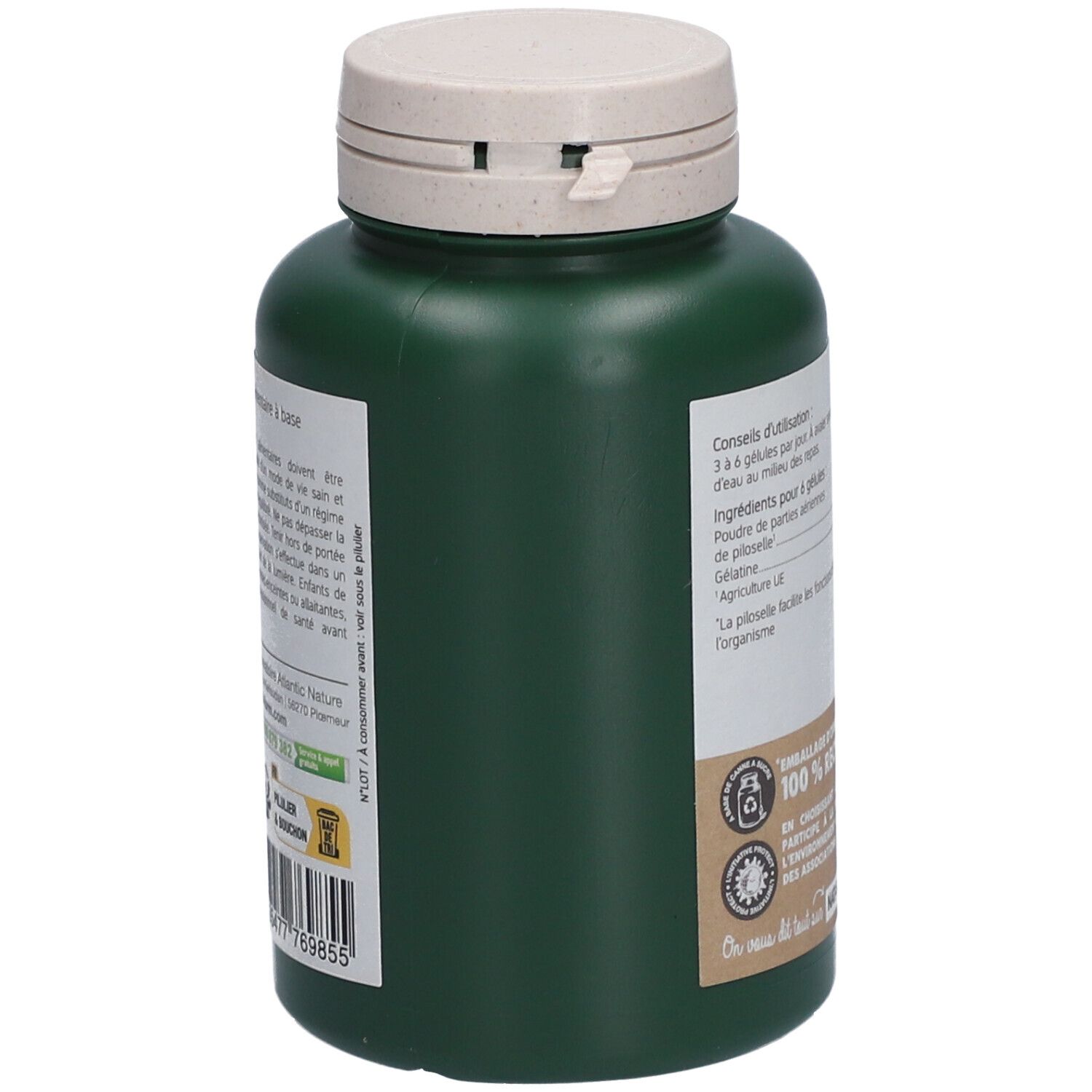 Vue latérale du flacon vert. Ingrédients pour 6 gélules. Logo: Emballage d'origine végétale. 100% recyclable.