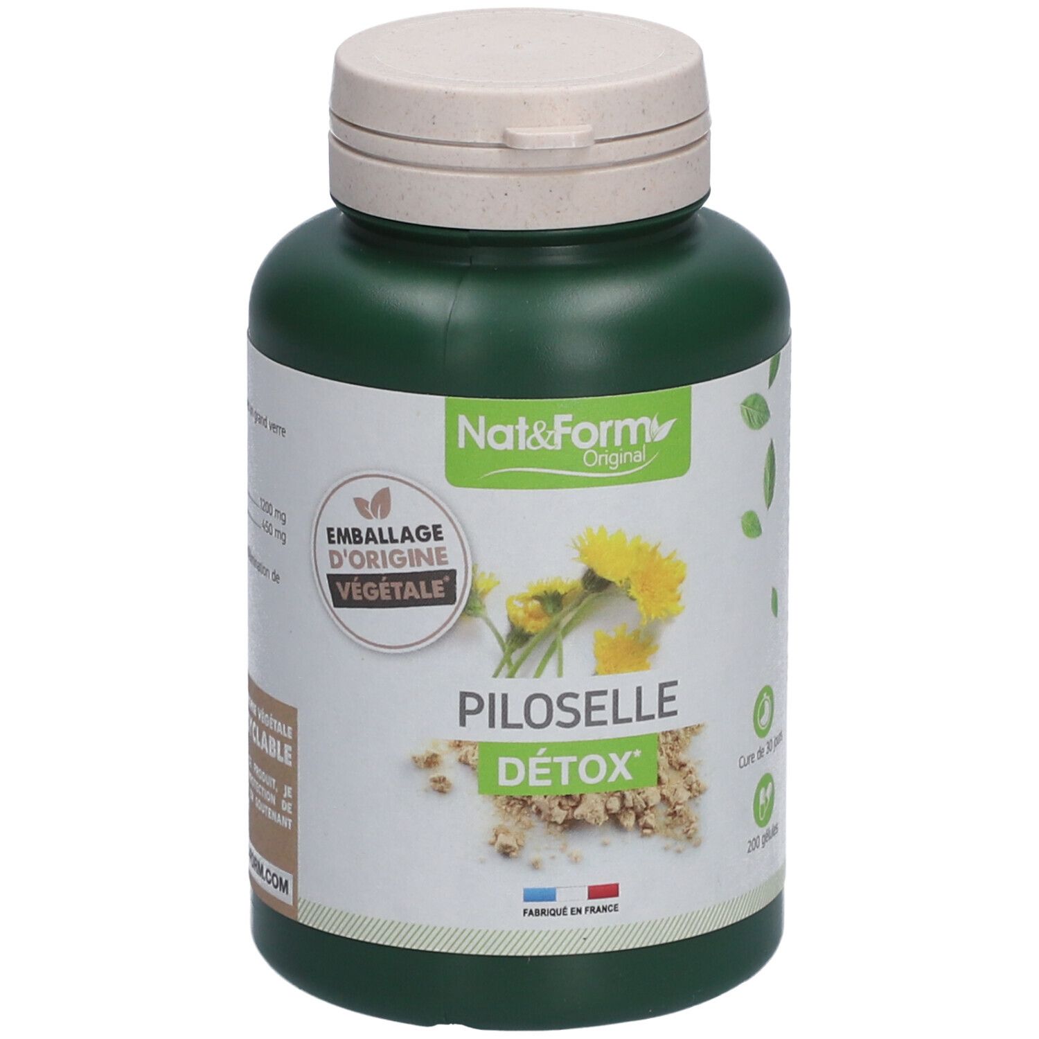 Flacon vert, bouchon beige. Étiquette: PILOSELLE DÉTOX. Logo: Emballage d'origine végétale. 200 gélules. Fabriqué en France.