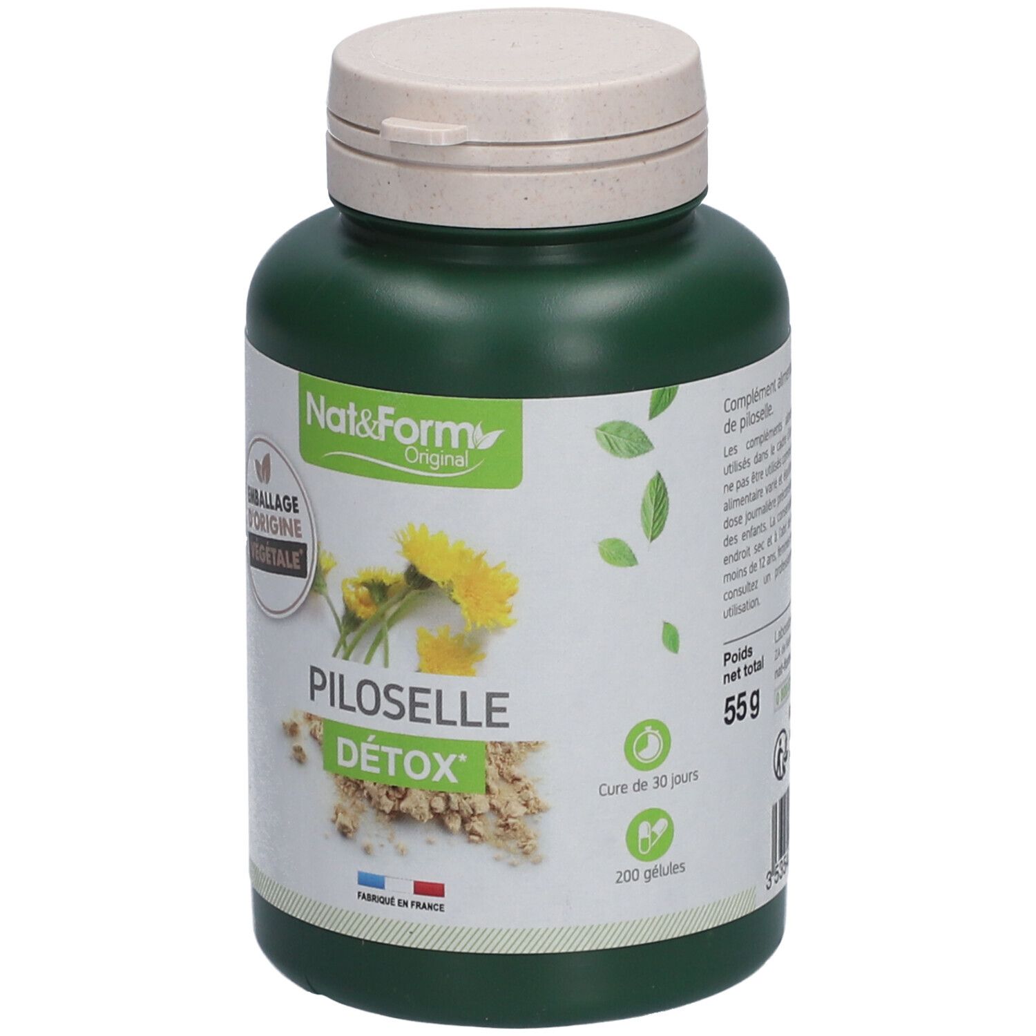 Flacon vert, bouchon beige. Étiquette: PILOSELLE DÉTOX. Logo: Emballage d'origine végétale. 200 gélules. 55g.