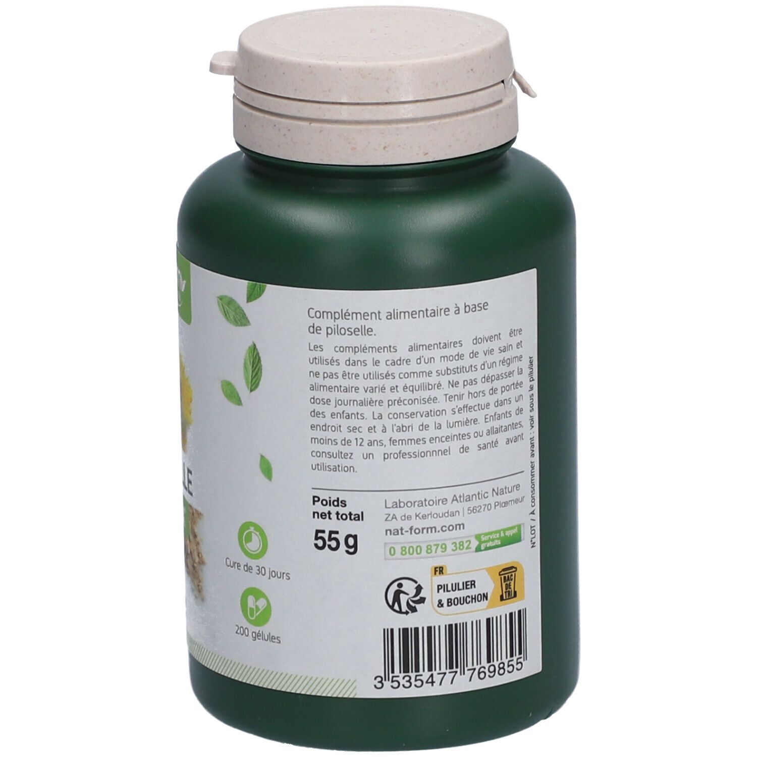 Dos du flacon vert. Complément alimentaire. Poids net total: 55g. 200 gélules. Laboratoire Atlantic Nature.