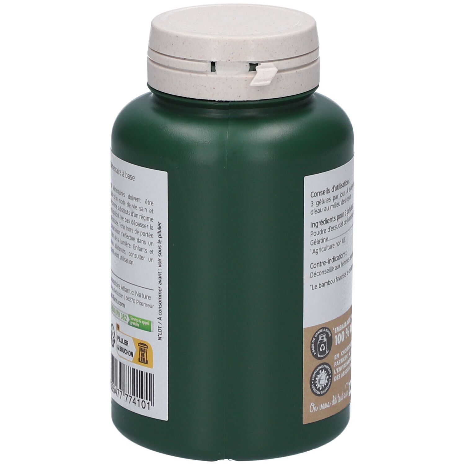 Grüne Flasche, Seitenansicht. Text: Inhaltsstoffe, Gebrauchsanweisung, 100% recycelbar. Marke: Nat&Form.