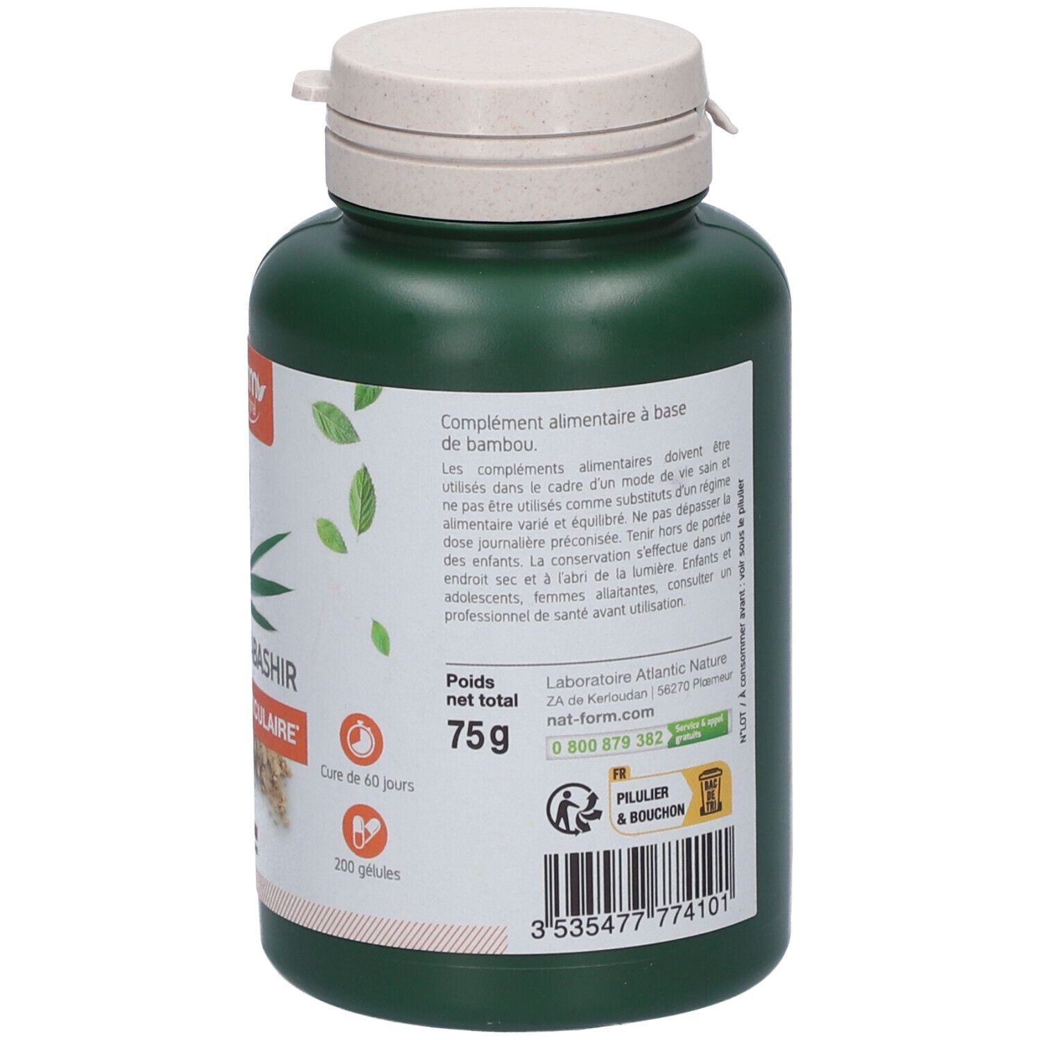 Rückseite der grünen Flasche. Text: Nahrungsergänzungsmittel, 75g, 200 Kapseln. Marke: Nat&Form.