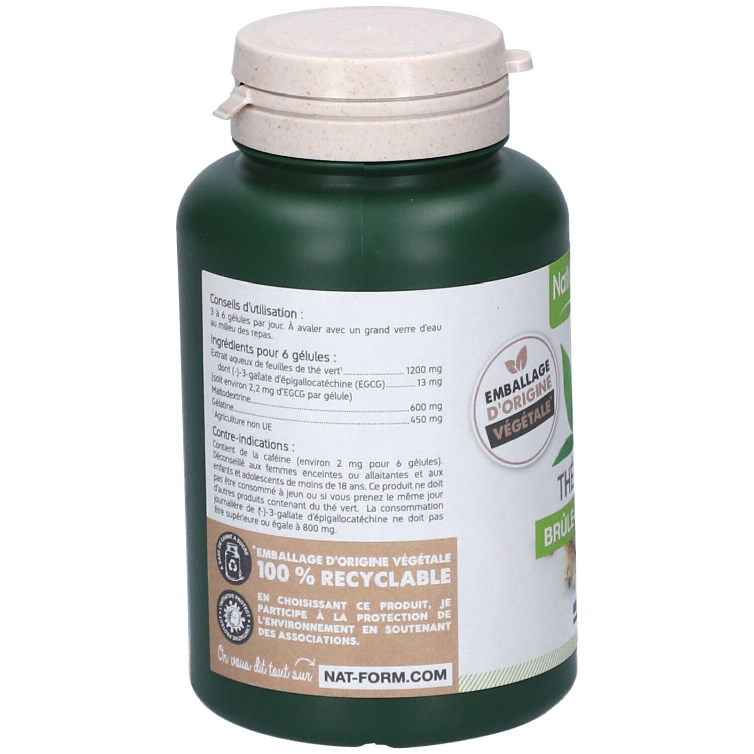 Dos du flacon vert. Texte: Emballage 100% recyclable. Informations sur les ingrédients et le mode d'emploi.