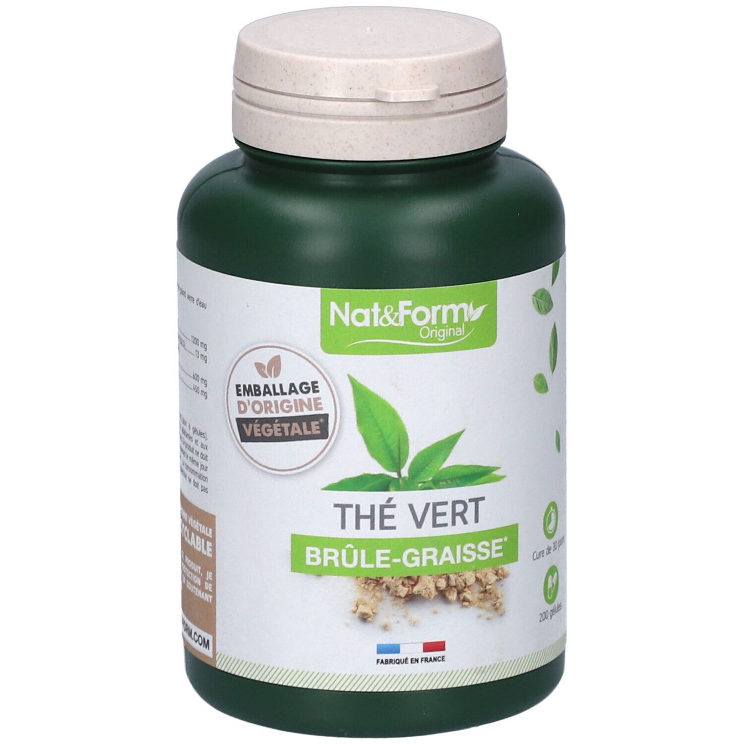 Flacon vert avec bouchon blanc. Inscription: THÉ VERT BRÛLE-GRAISSE. Emballage d'origine végétale. 200 gélules.